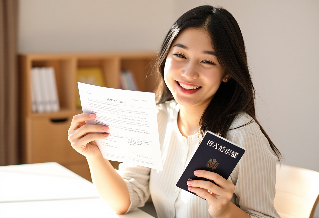 オーストラリアの学生ビザと入学許可を準備する若い女性